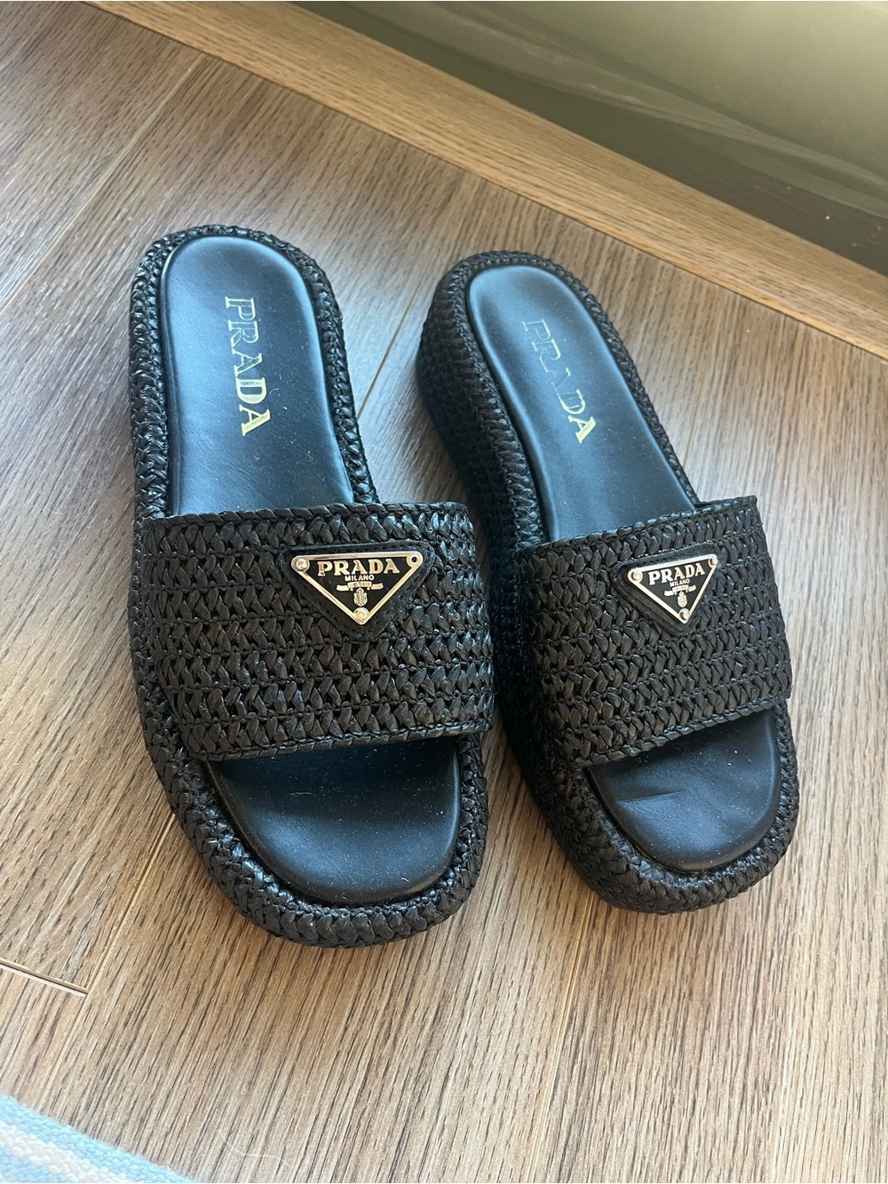 FAUX Prada Black Woven Leather-Trim Slide Sandals with Silver Logo